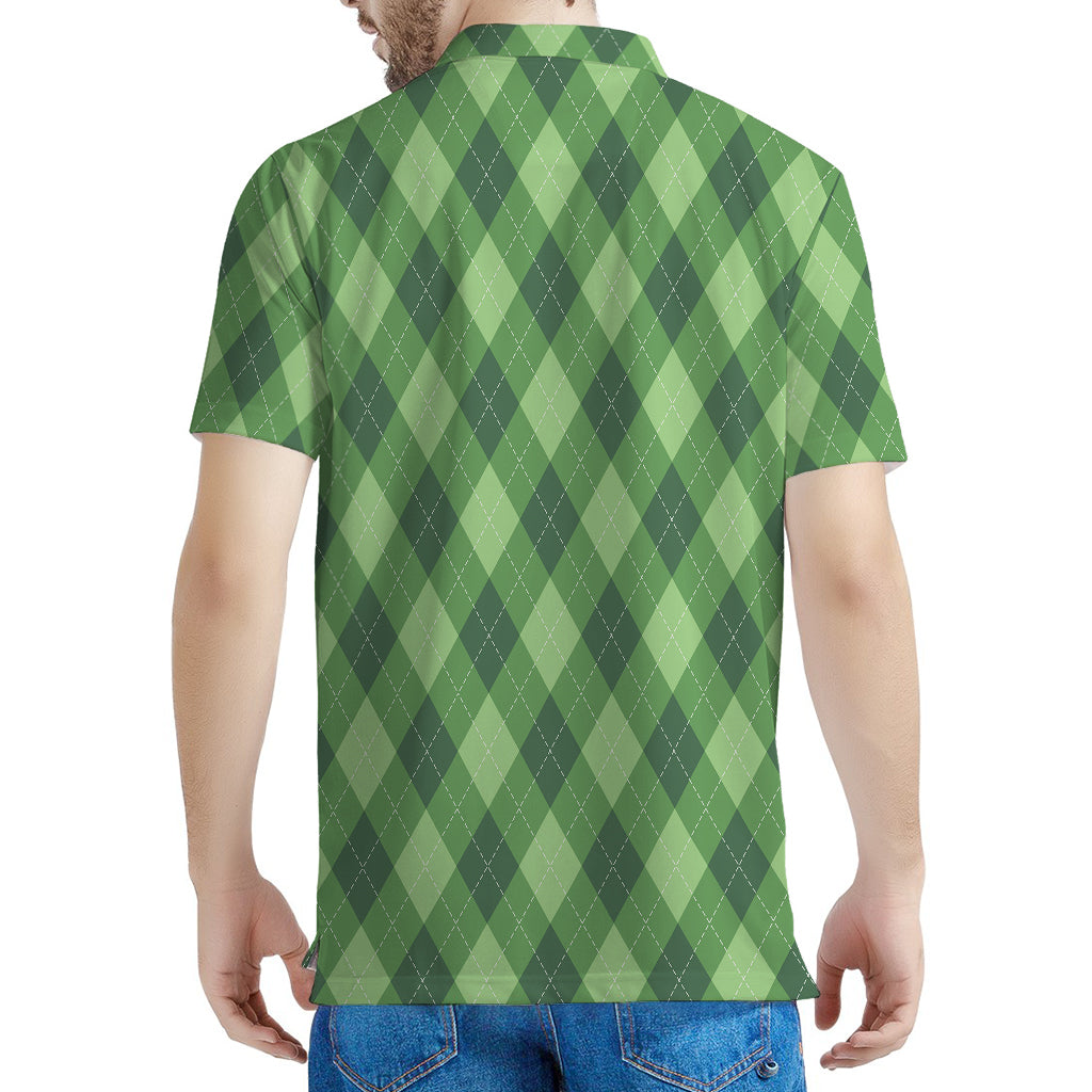 Forest Green Argyle Pattern Print Men's Polo Shirt