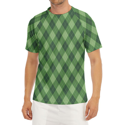 Forest Green Argyle Pattern Print Men's Short Sleeve Rash Guard