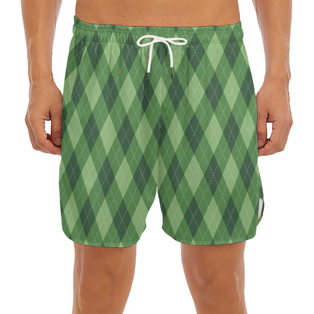 Forest Green Argyle Pattern Print Men's Split Running Shorts