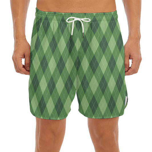 Forest Green Argyle Pattern Print Men's Split Running Shorts