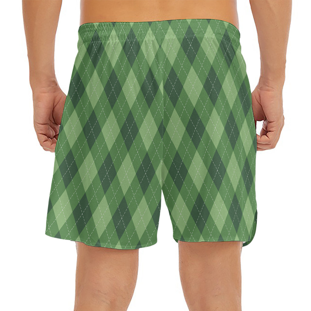 Forest Green Argyle Pattern Print Men's Split Running Shorts