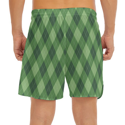 Forest Green Argyle Pattern Print Men's Split Running Shorts