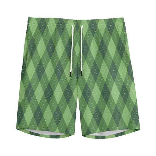 Forest Green Argyle Pattern Print Men's Sports Shorts