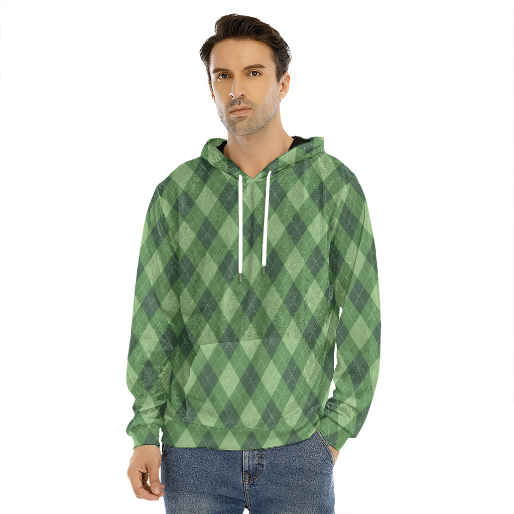 Forest Green Argyle Pattern Print Men's Velvet Pullover Hoodie