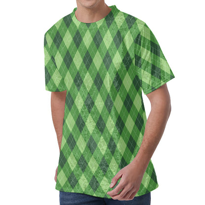 Forest Green Argyle Pattern Print Men's Velvet T-Shirt