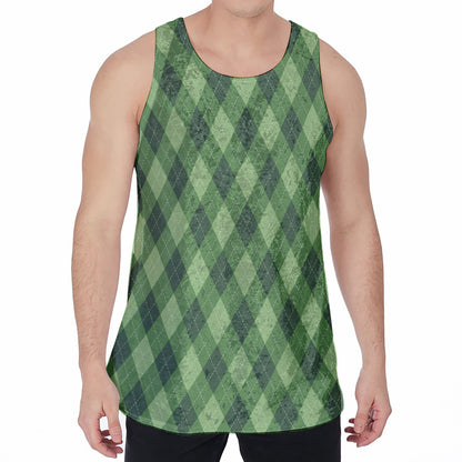 Forest Green Argyle Pattern Print Men's Velvet Tank Top