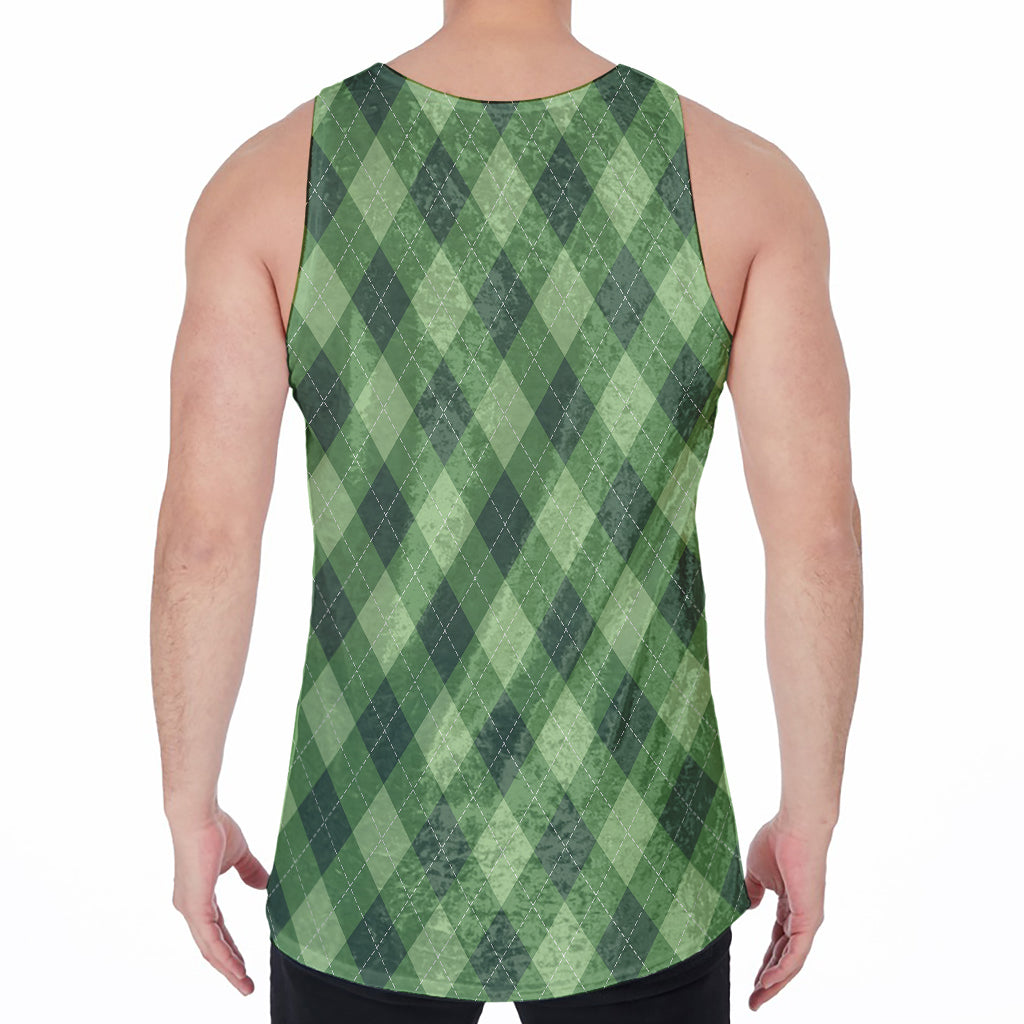 Forest Green Argyle Pattern Print Men's Velvet Tank Top