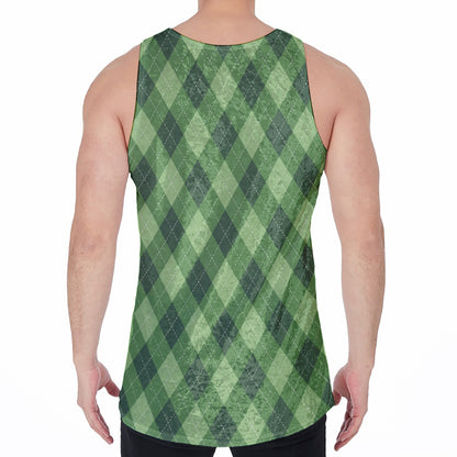 Forest Green Argyle Pattern Print Men's Velvet Tank Top