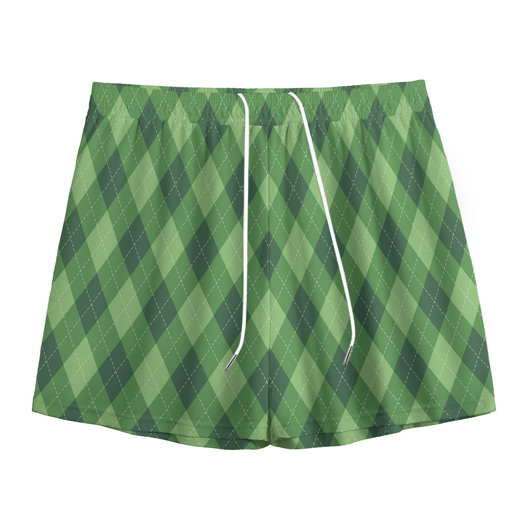 Forest Green Argyle Pattern Print Mesh Shorts