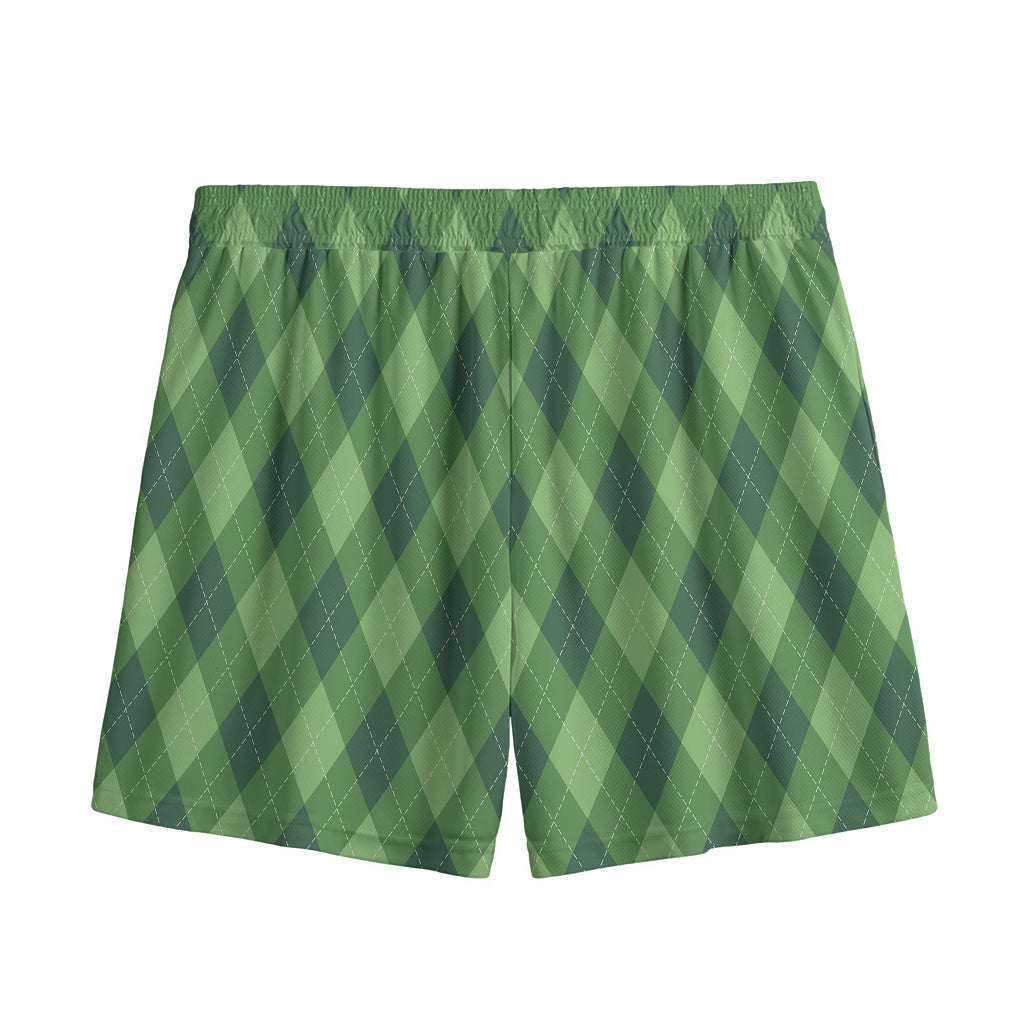 Forest Green Argyle Pattern Print Mesh Shorts