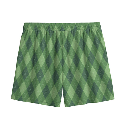 Forest Green Argyle Pattern Print Mesh Shorts