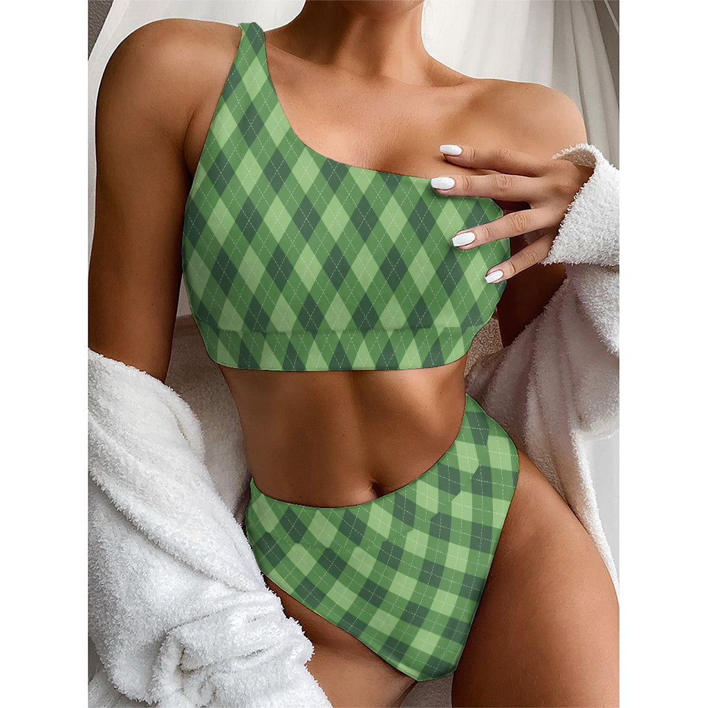 Forest Green Argyle Pattern Print One Shoulder Bikini Top
