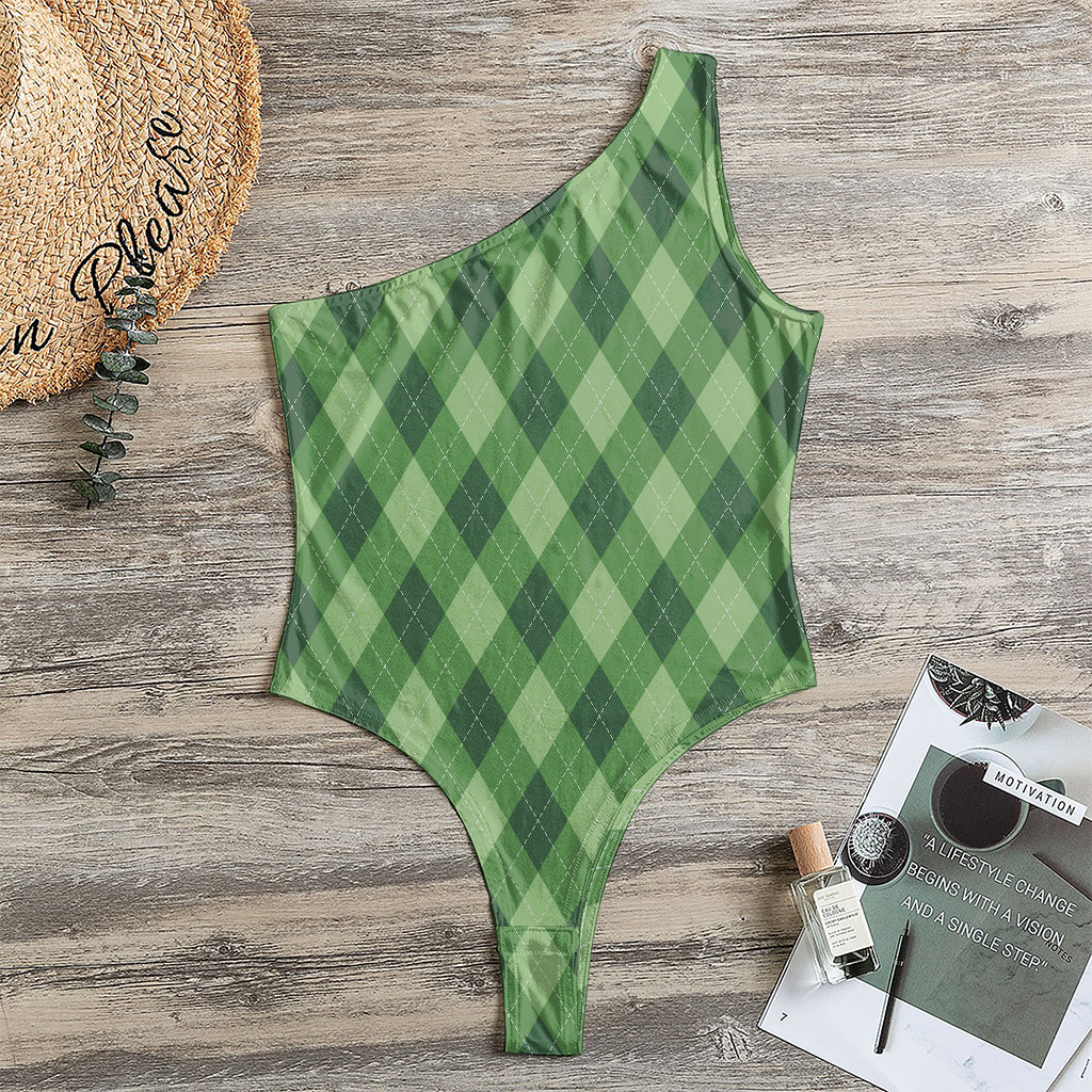 Forest Green Argyle Pattern Print One Shoulder Bodysuit