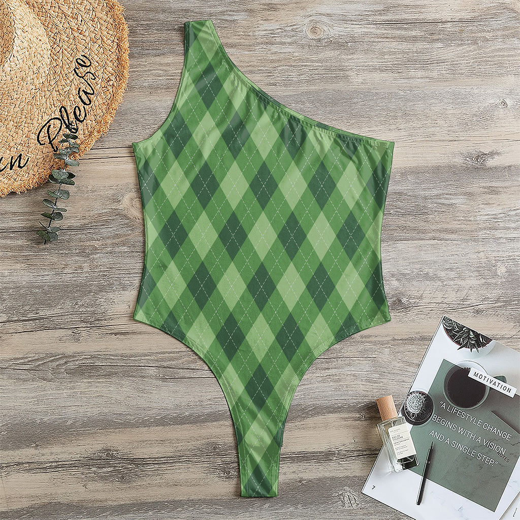 Forest Green Argyle Pattern Print One Shoulder Bodysuit