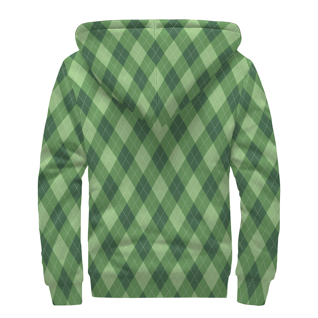 Forest Green Argyle Pattern Print Sherpa Lined Zip Up Hoodie