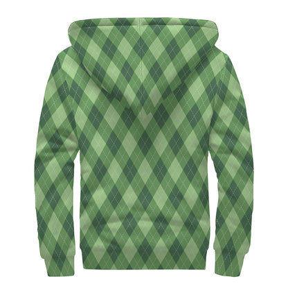 Forest Green Argyle Pattern Print Sherpa Lined Zip Up Hoodie