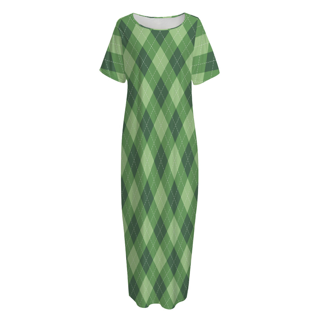 Forest Green Argyle Pattern Print Short Sleeve Long Nightdress