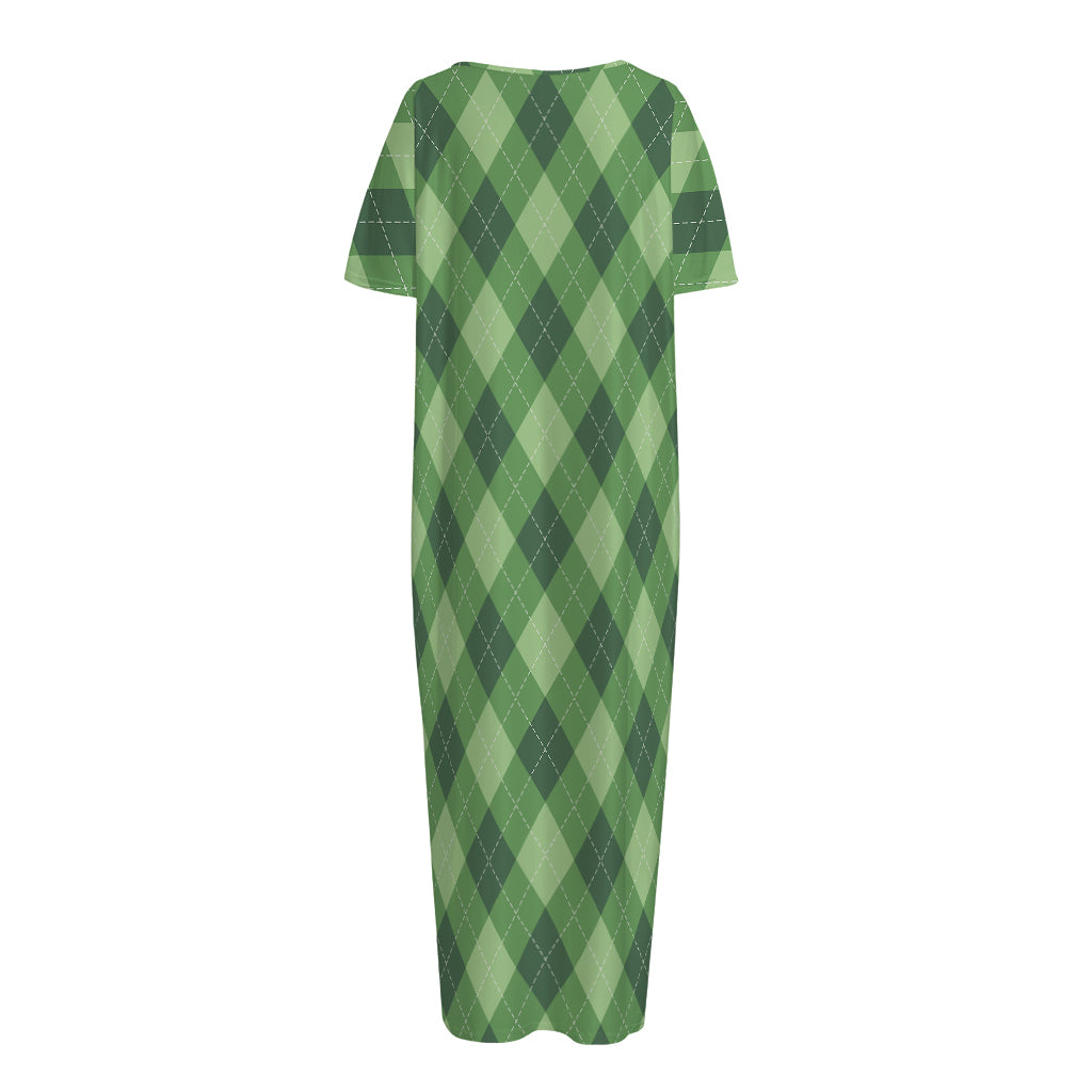 Forest Green Argyle Pattern Print Short Sleeve Long Nightdress