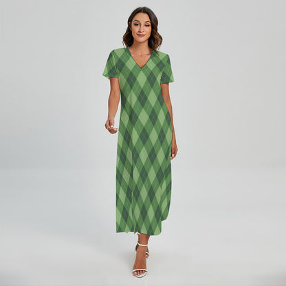 Forest Green Argyle Pattern Print Short Sleeve Maxi Dress