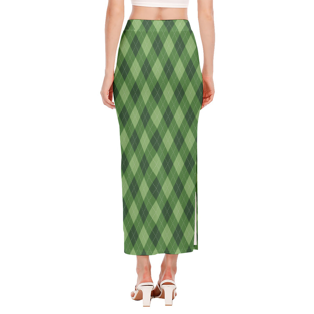 Forest Green Argyle Pattern Print Side Slit Maxi Skirt