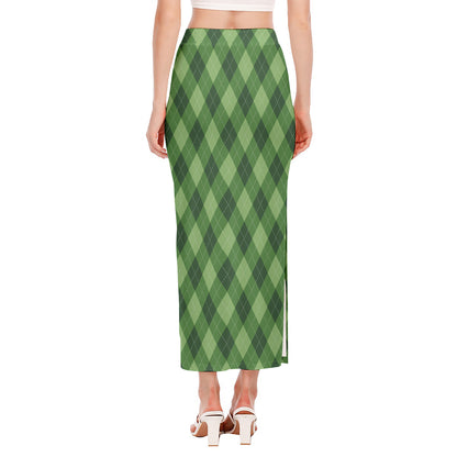 Forest Green Argyle Pattern Print Side Slit Maxi Skirt