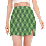 Forest Green Argyle Pattern Print Side Slit Mini Skirt
