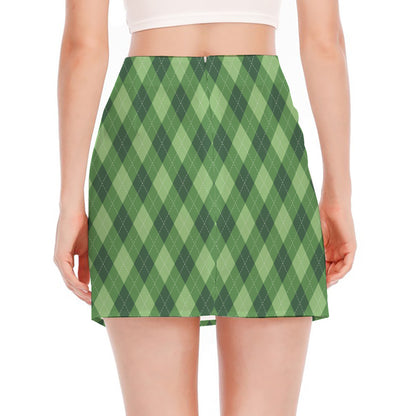 Forest Green Argyle Pattern Print Side Slit Mini Skirt