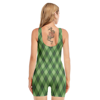 Forest Green Argyle Pattern Print Sleeveless One Piece Swimsuit