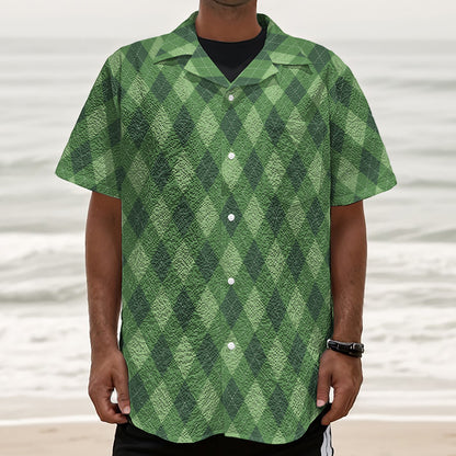 Forest Green Argyle Pattern Print Textured Short Sleeve Shirt