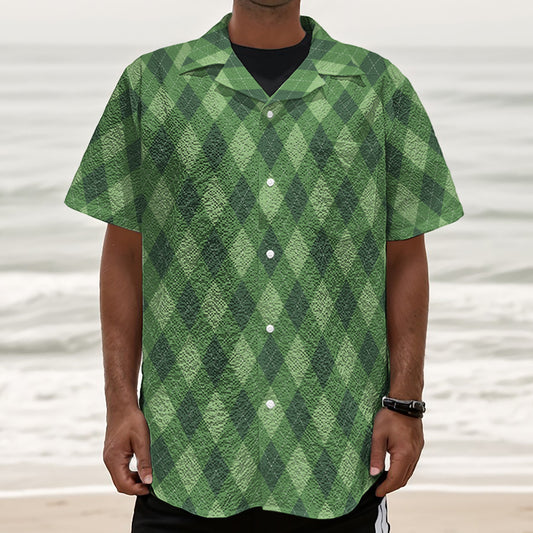 Forest Green Argyle Pattern Print Textured Short Sleeve Shirt