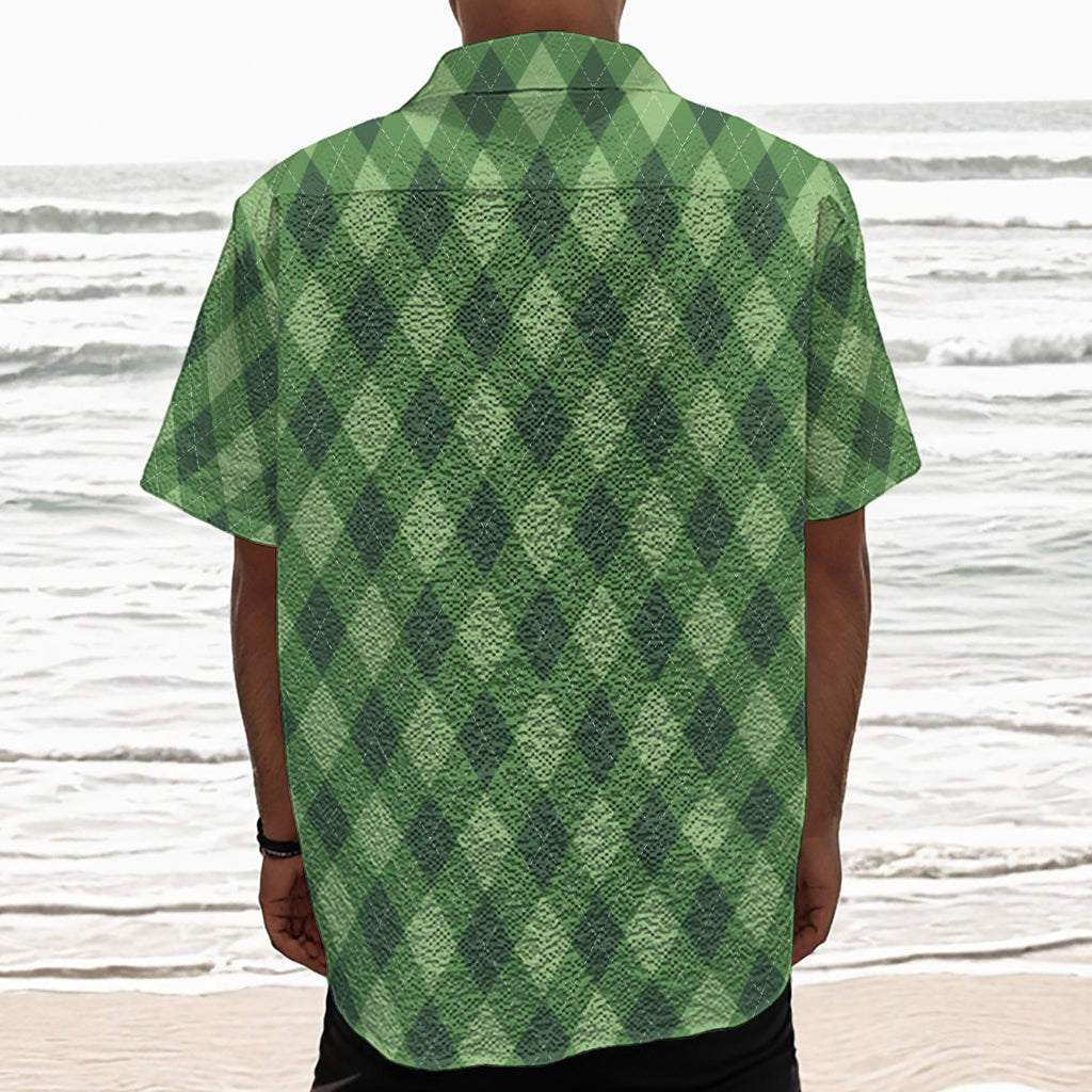 Forest Green Argyle Pattern Print Textured Short Sleeve Shirt