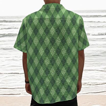 Forest Green Argyle Pattern Print Textured Short Sleeve Shirt