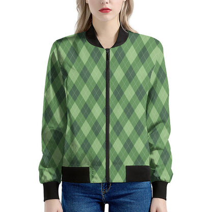 Forest Green Argyle Pattern Print Women's Bomber Jacket