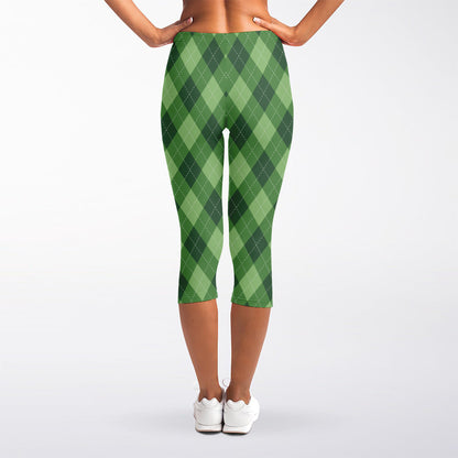 Forest Green Argyle Pattern Print Women's Capri Leggings