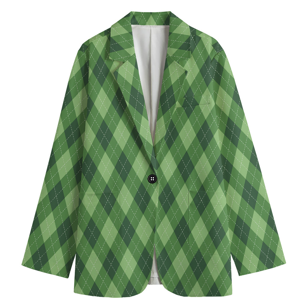 Forest Green Argyle Pattern Print Women's Cotton Blazer