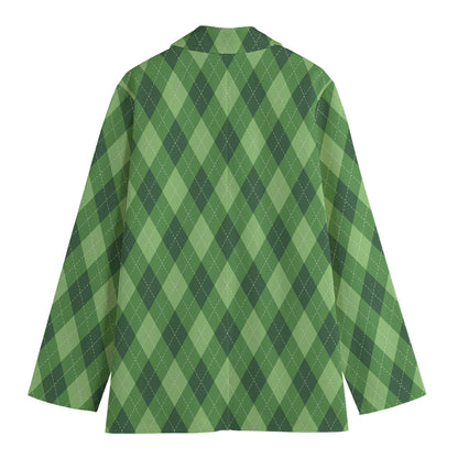 Forest Green Argyle Pattern Print Women's Cotton Blazer