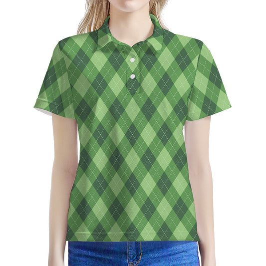 Forest Green Argyle Pattern Print Women's Polo Shirt