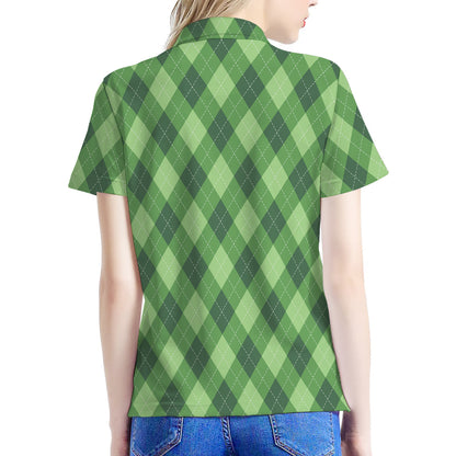 Forest Green Argyle Pattern Print Women's Polo Shirt