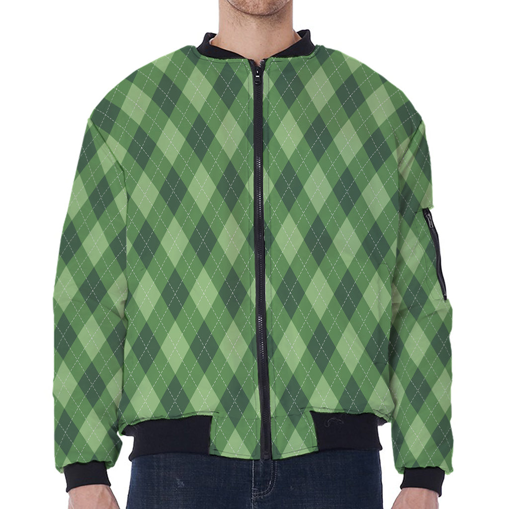 Forest Green Argyle Pattern Print Zip Sleeve Bomber Jacket