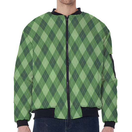Forest Green Argyle Pattern Print Zip Sleeve Bomber Jacket