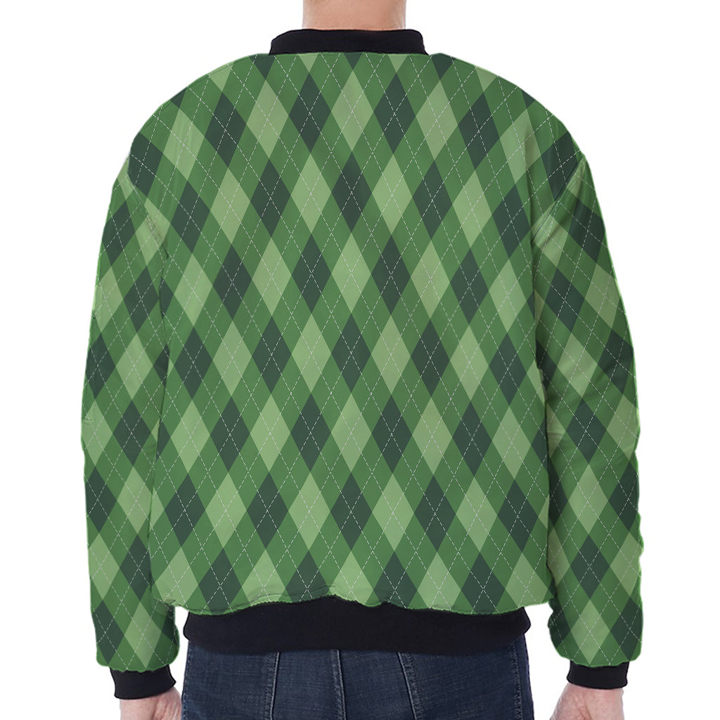 Forest Green Argyle Pattern Print Zip Sleeve Bomber Jacket