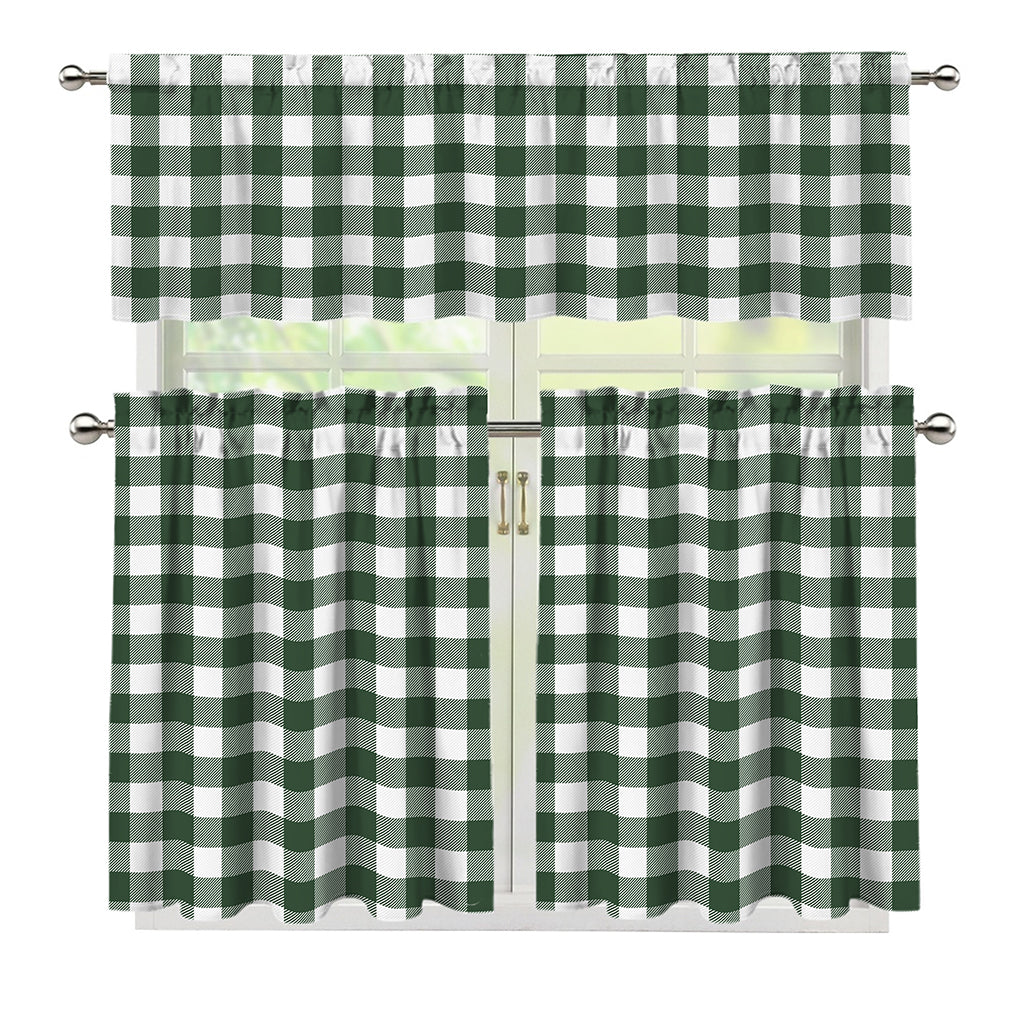 Forest Green Buffalo Check Pattern Print 3 Piece Kitchen Curtains