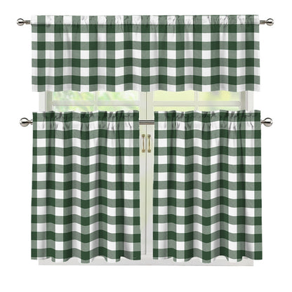 Forest Green Buffalo Check Pattern Print 3 Piece Kitchen Curtains
