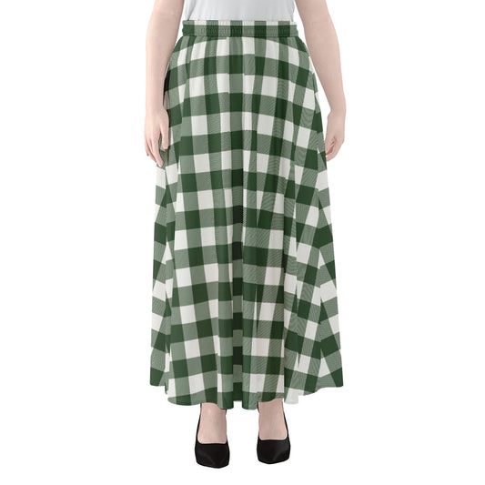 Forest Green Buffalo Check Pattern Print Chiffon Maxi Skirt