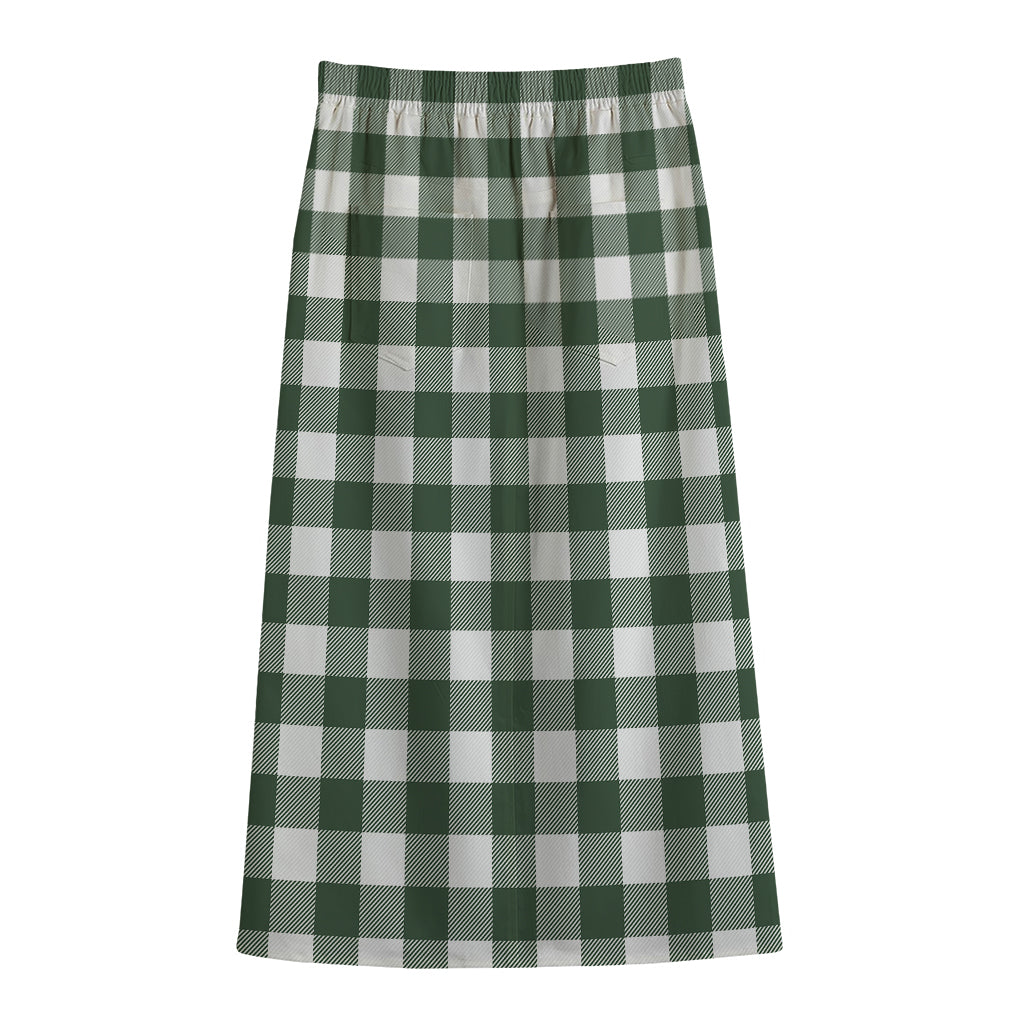 Forest Green Buffalo Check Pattern Print Cotton Front Slit Maxi Skirt