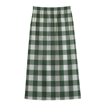 Forest Green Buffalo Check Pattern Print Cotton Front Slit Maxi Skirt