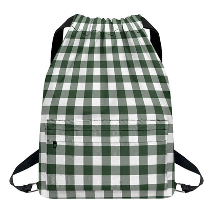 Forest Green Buffalo Check Pattern Print Drawstring Backpack