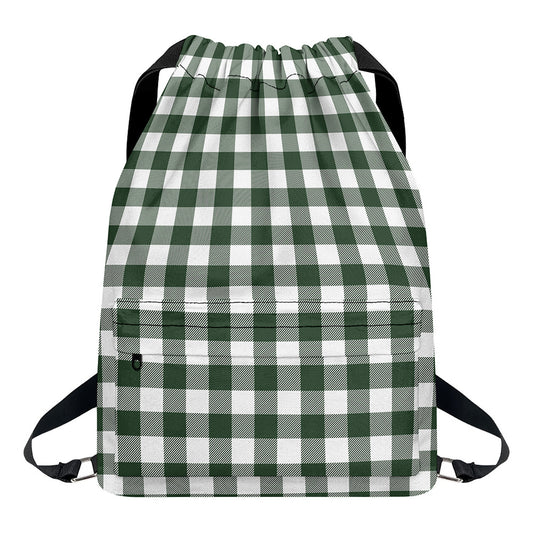 Forest Green Buffalo Check Pattern Print Drawstring Backpack