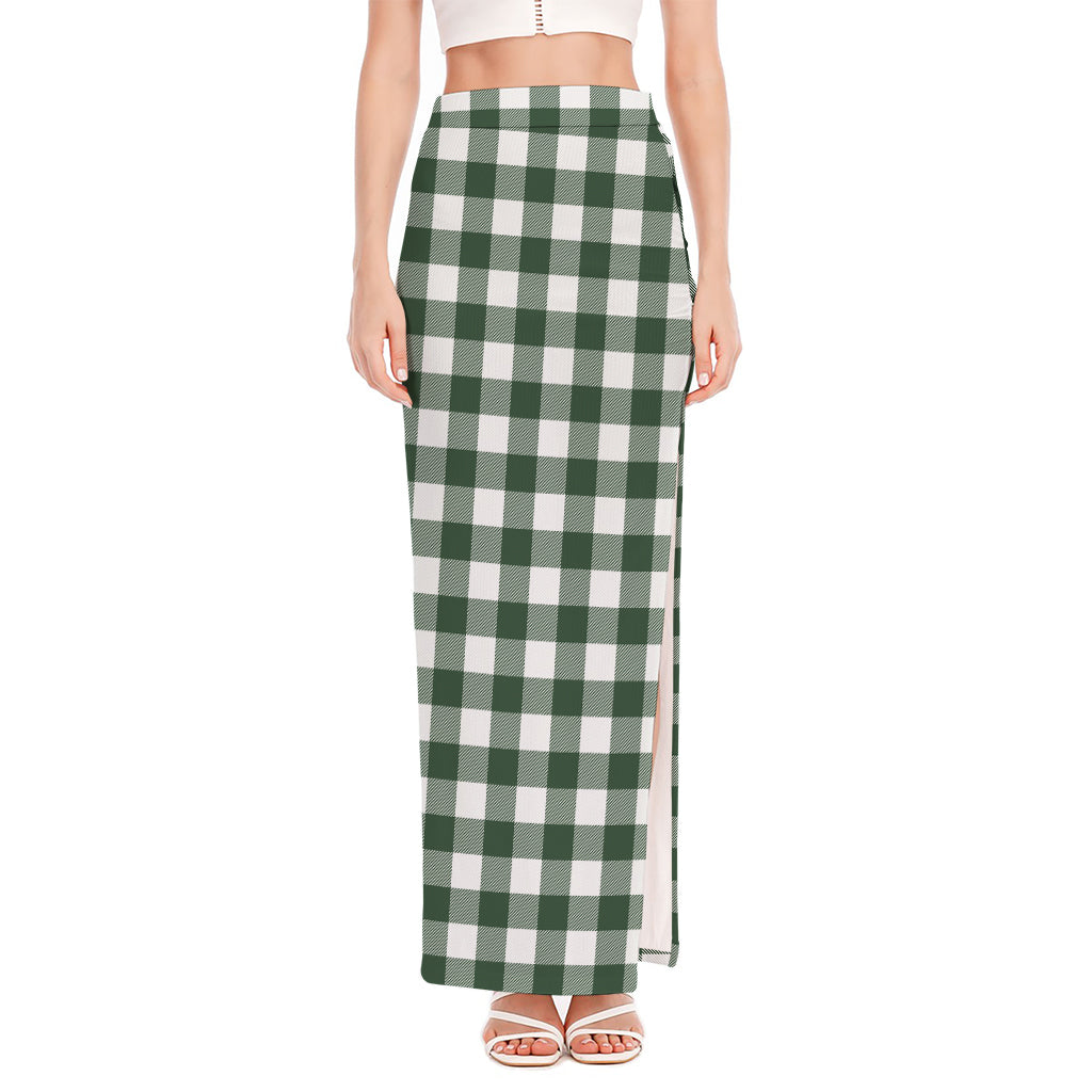Forest Green Buffalo Check Pattern Print High Slit Maxi Skirt