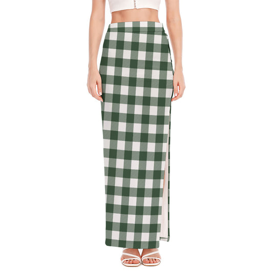 Forest Green Buffalo Check Pattern Print High Slit Maxi Skirt